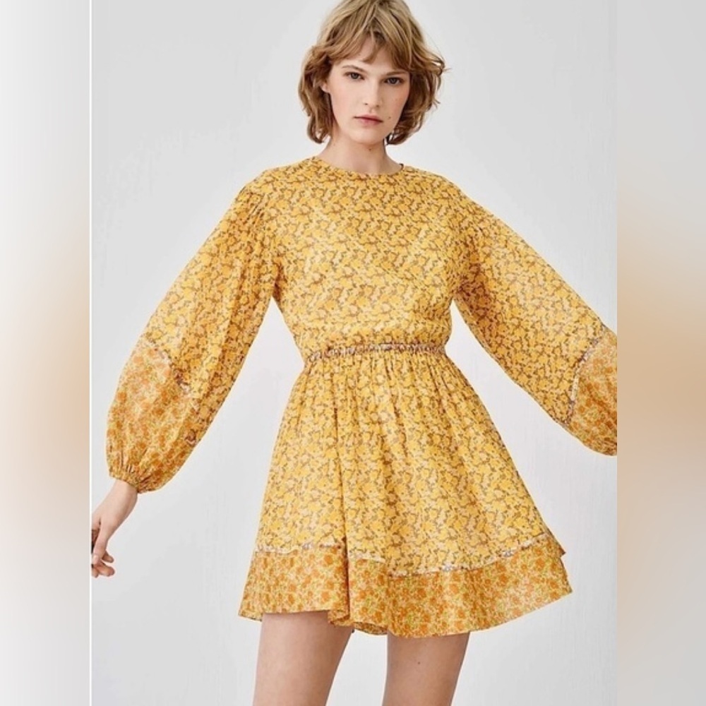 New! Maje Risso Yellow Floral Cut-Out Mini Long Sleeve Dress 🌼 Small - Picture 3 of 16